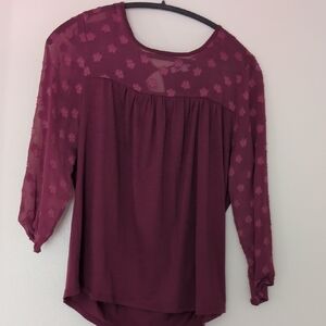 DR2 Burgundy Floral Sheer Sleeve Blouse